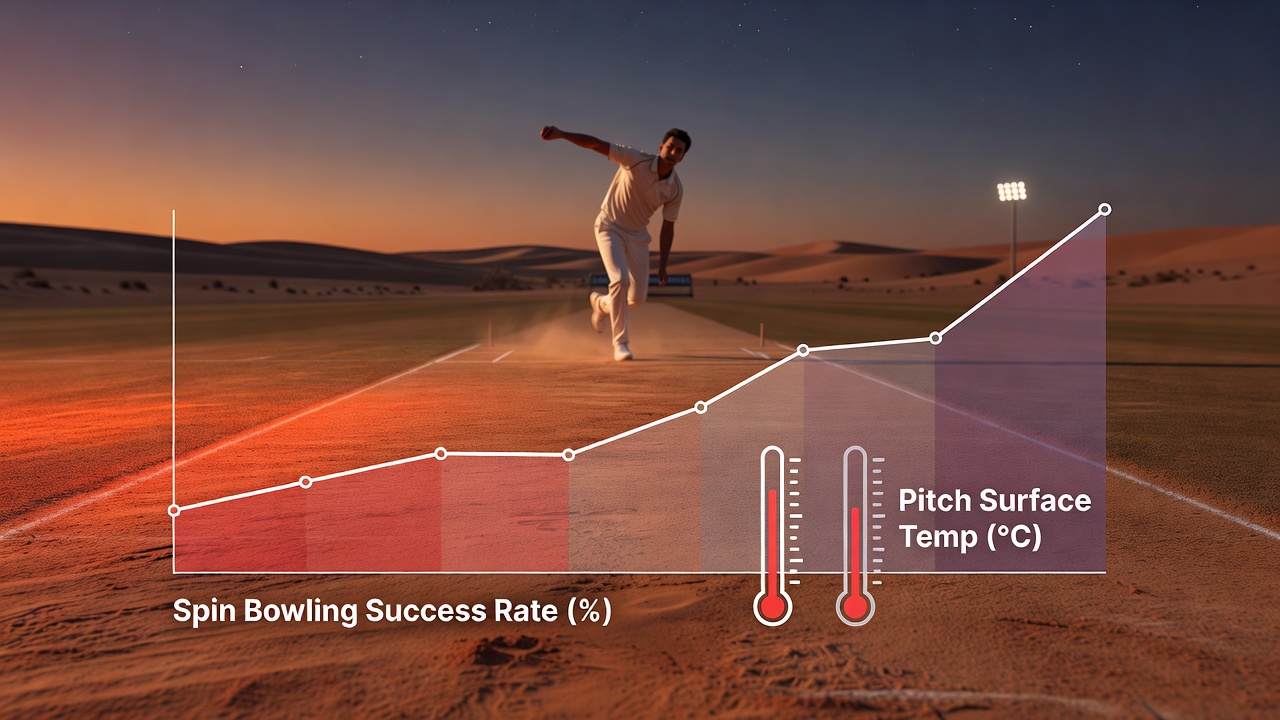Cricket pitch surface in a desert venue during evening cooling period with visible temperature gradients