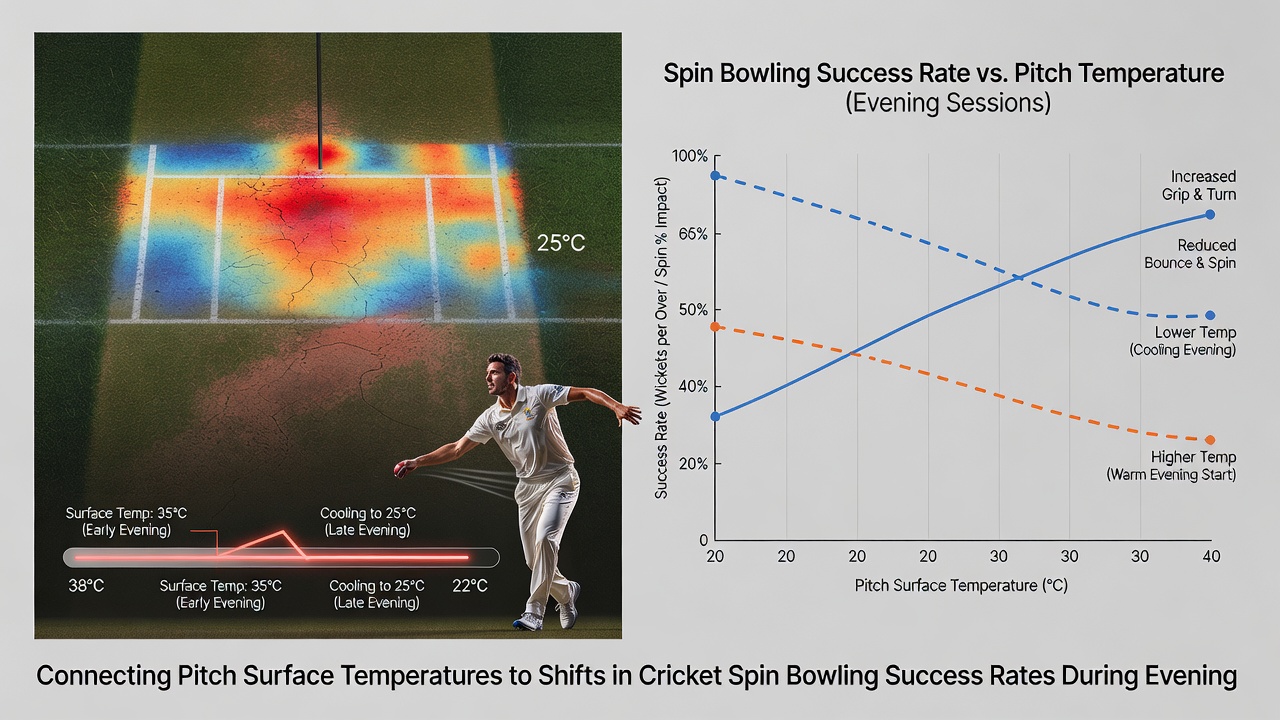 Spin bowler delivering the ball on a cooling desert pitch during an evening cricket match