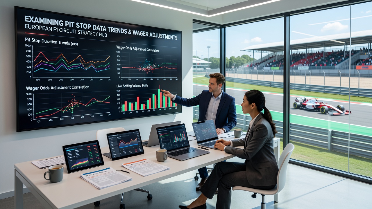 Data visualization dashboard showing Formula One pit stop time trends plotted against betting odds movements at European circuits