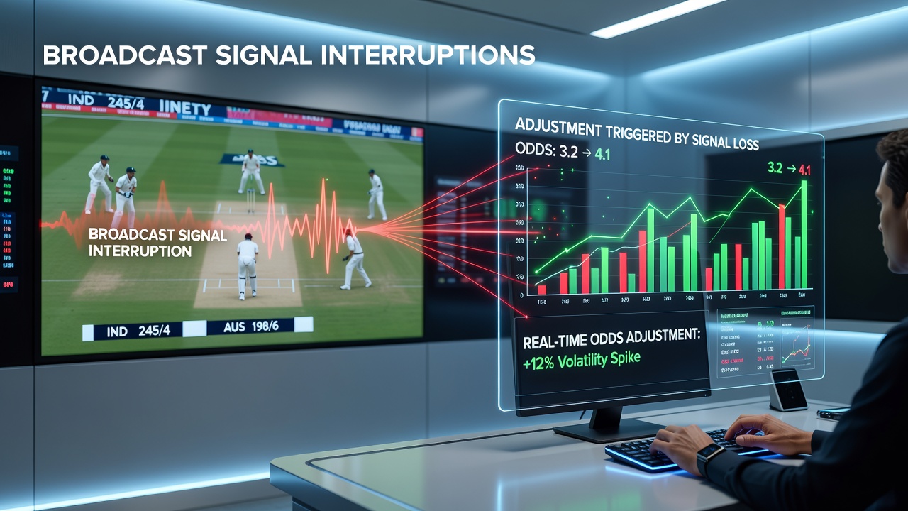 Live cricket broadcast feed showing signal disruption during an international match with odds boards visible on screen