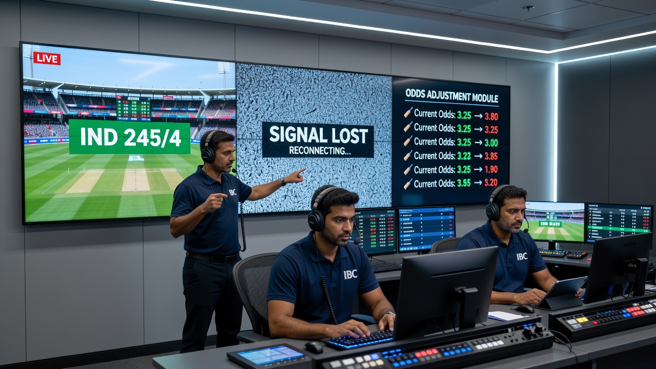 Cricket stadium control room monitors displaying interrupted broadcast alongside live odds terminals